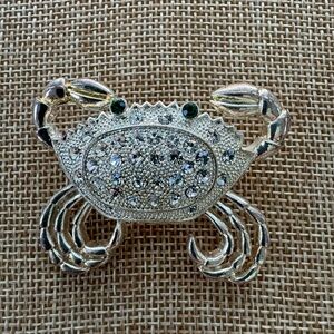 Vintage Silver Tone Metal and Rhinestones Crab Brooch